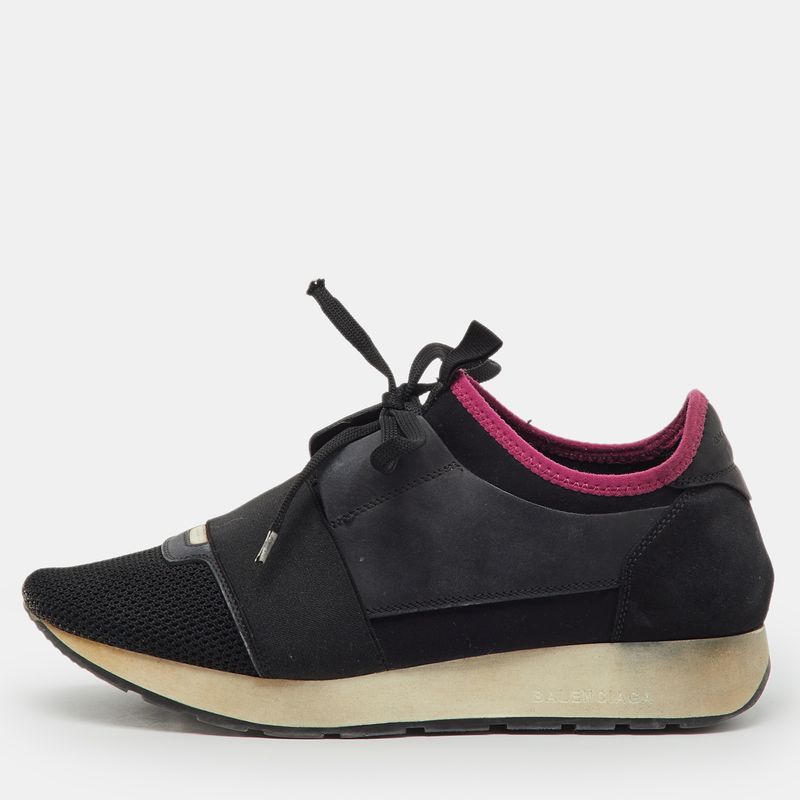 Balenciaga Black Mesh Fabric And Leather Race Runner Low Top Sneakers Size 39